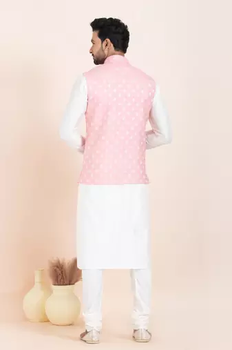Woven Kurta Pyjama Waistcoat Set For Mens