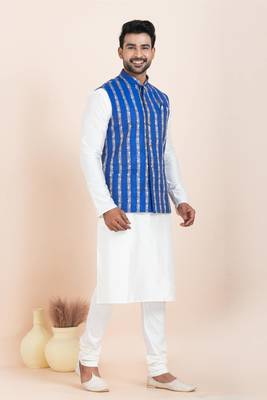 Woven Kurta Pyjama Waistcoat Set For Mens 2