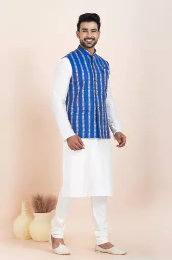 Woven Kurta Pyjama Waistcoat Set For Mens