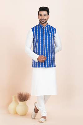 Woven Kurta Pyjama Waistcoat Set For Mens 3