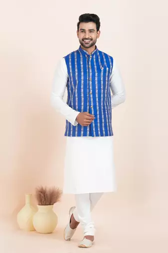 Woven Kurta Pyjama Waistcoat Set For Mens