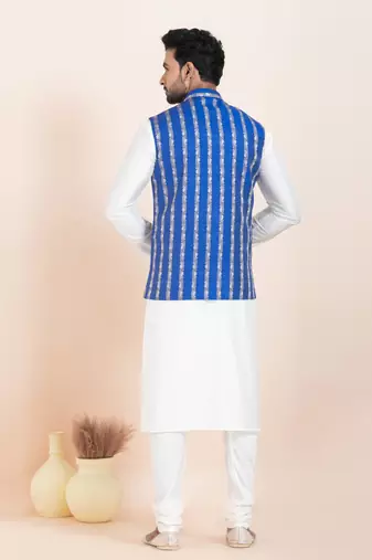 Woven Kurta Pyjama Waistcoat Set For Mens