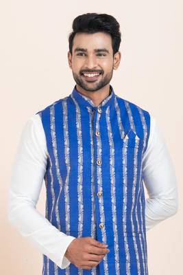 Woven Kurta Pyjama Waistcoat Set For Mens 5