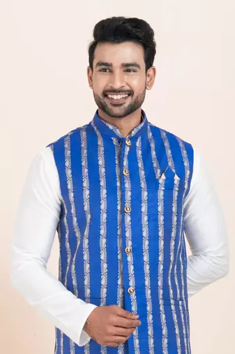Woven Kurta Pyjama Waistcoat Set For Mens