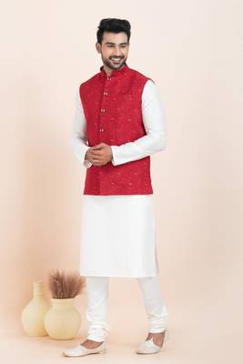 Woven Kurta Pyjama Waistcoat Set For Mens 1