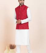 Woven Kurta Pyjama Waistcoat Set For Mens