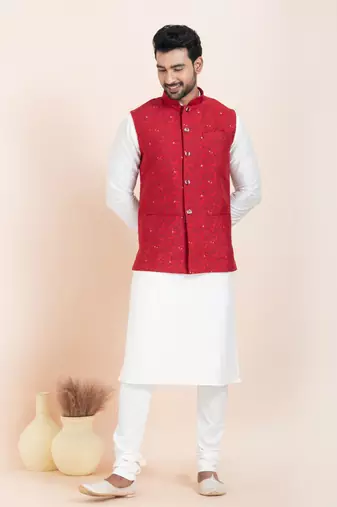 Woven Kurta Pyjama Waistcoat Set For Mens