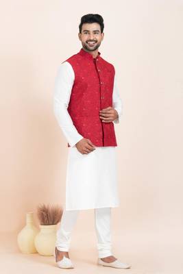 Woven Kurta Pyjama Waistcoat Set For Mens 3