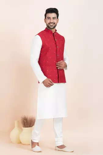 Woven Kurta Pyjama Waistcoat Set For Mens