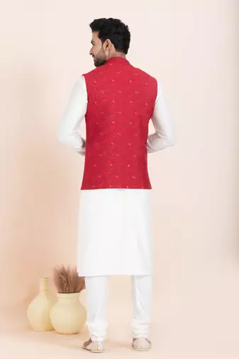 Woven Kurta Pyjama Waistcoat Set For Mens
