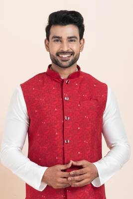 Woven Kurta Pyjama Waistcoat Set For Mens 5