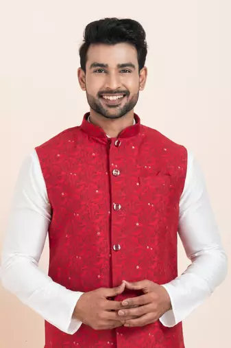 Woven Kurta Pyjama Waistcoat Set For Mens