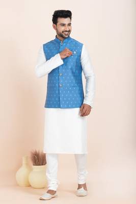 Woven Kurta Pyjama Waistcoat Set For Mens 1