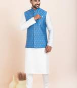 Woven Kurta Pyjama Waistcoat Set For Mens