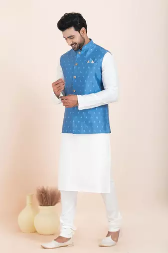 Woven Kurta Pyjama Waistcoat Set For Mens