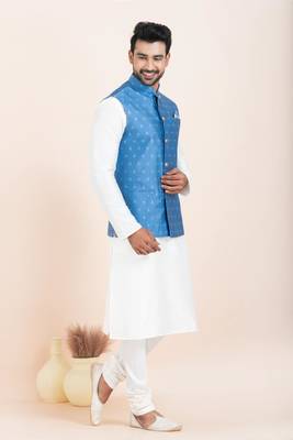 Woven Kurta Pyjama Waistcoat Set For Mens 3