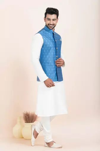 Woven Kurta Pyjama Waistcoat Set For Mens