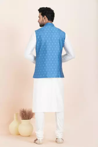 Woven Kurta Pyjama Waistcoat Set For Mens