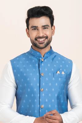 Woven Kurta Pyjama Waistcoat Set For Mens 5