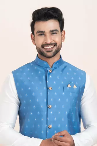 Woven Kurta Pyjama Waistcoat Set For Mens
