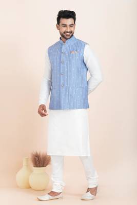 Woven Kurta Pyjama Waistcoat Set For Mens 1