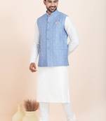 Woven Kurta Pyjama Waistcoat Set For Mens