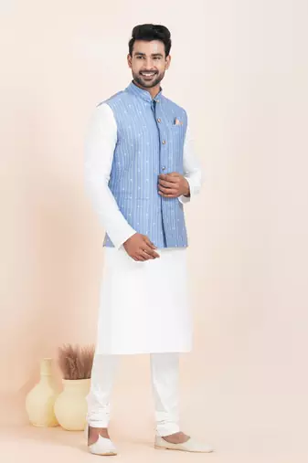 Woven Kurta Pyjama Waistcoat Set For Mens