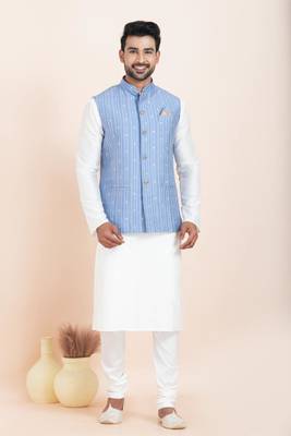 Woven Kurta Pyjama Waistcoat Set For Mens 3