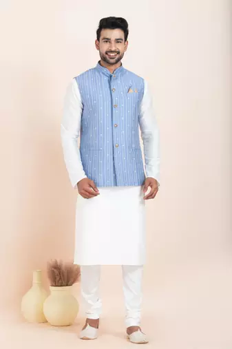 Woven Kurta Pyjama Waistcoat Set For Mens