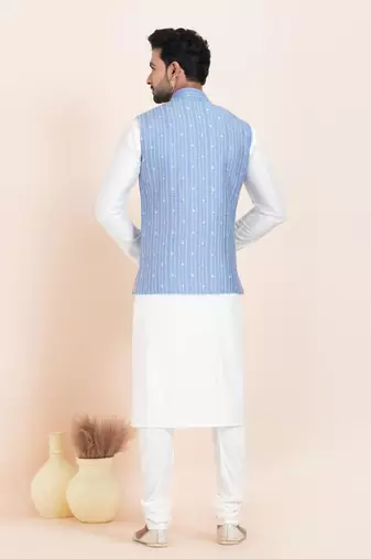Woven Kurta Pyjama Waistcoat Set For Mens