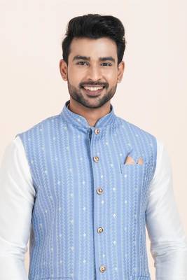 Woven Kurta Pyjama Waistcoat Set For Mens 5