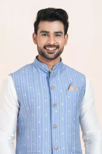 Woven Kurta Pyjama Waistcoat Set For Mens