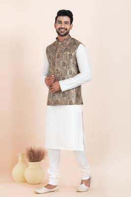 Woven Kurta Pyjama Waistcoat Set For Mens 2