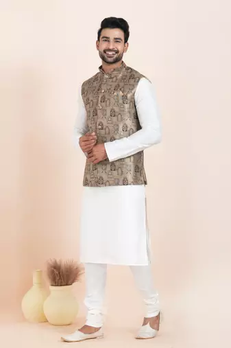Woven Kurta Pyjama Waistcoat Set For Mens