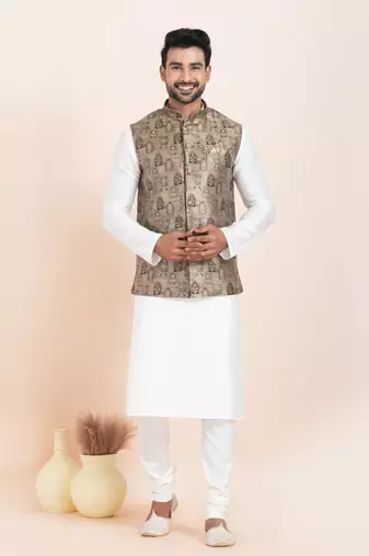 Woven Kurta Pyjama Waistcoat Set For Mens