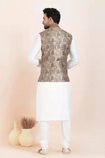 Woven Kurta Pyjama Waistcoat Set For Mens