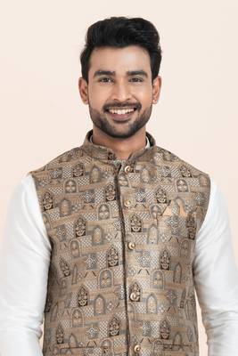 Woven Kurta Pyjama Waistcoat Set For Mens 5