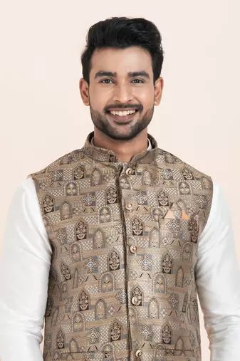 Woven Kurta Pyjama Waistcoat Set For Mens