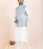 Woven Kurta Pyjama Waistcoat Set For Mens