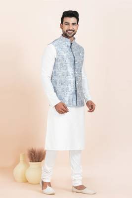 Woven Kurta Pyjama Waistcoat Set For Mens 2