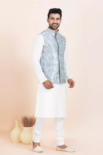 Woven Kurta Pyjama Waistcoat Set For Mens