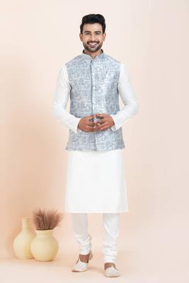 Woven Kurta Pyjama Waistcoat Set For Mens 3