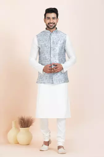 Woven Kurta Pyjama Waistcoat Set For Mens