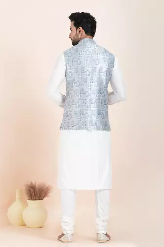 Woven Kurta Pyjama Waistcoat Set For Mens