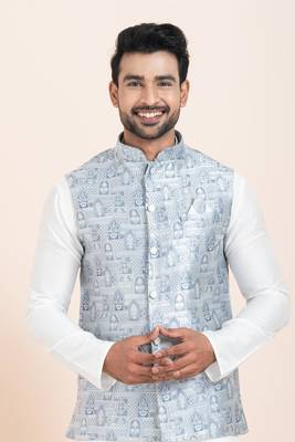 Woven Kurta Pyjama Waistcoat Set For Mens 5