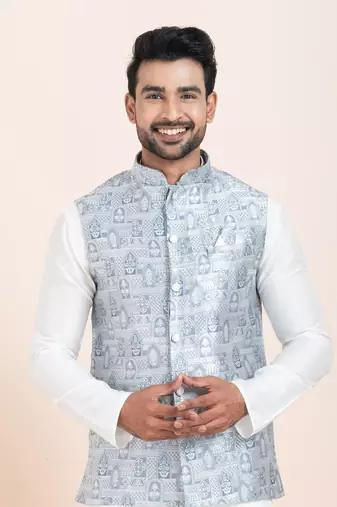 Woven Kurta Pyjama Waistcoat Set For Mens
