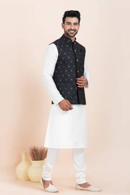 Woven Kurta Pyjama Waistcoat Set For Mens 1