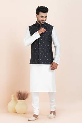 Woven Kurta Pyjama Waistcoat Set For Mens 2