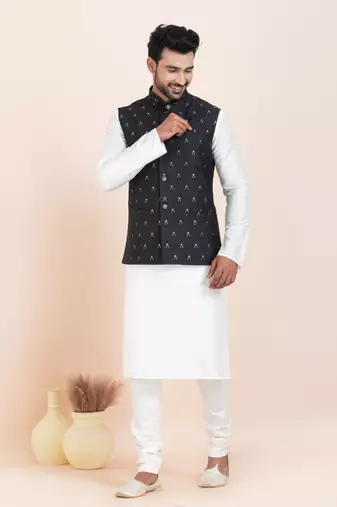 Woven Kurta Pyjama Waistcoat Set For Mens