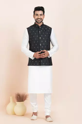 Woven Kurta Pyjama Waistcoat Set For Mens